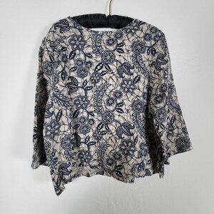 Hot Cotton Womens Navy/Ivory Floral 3/4 Sleeve Linen Top Blouse Small Casual